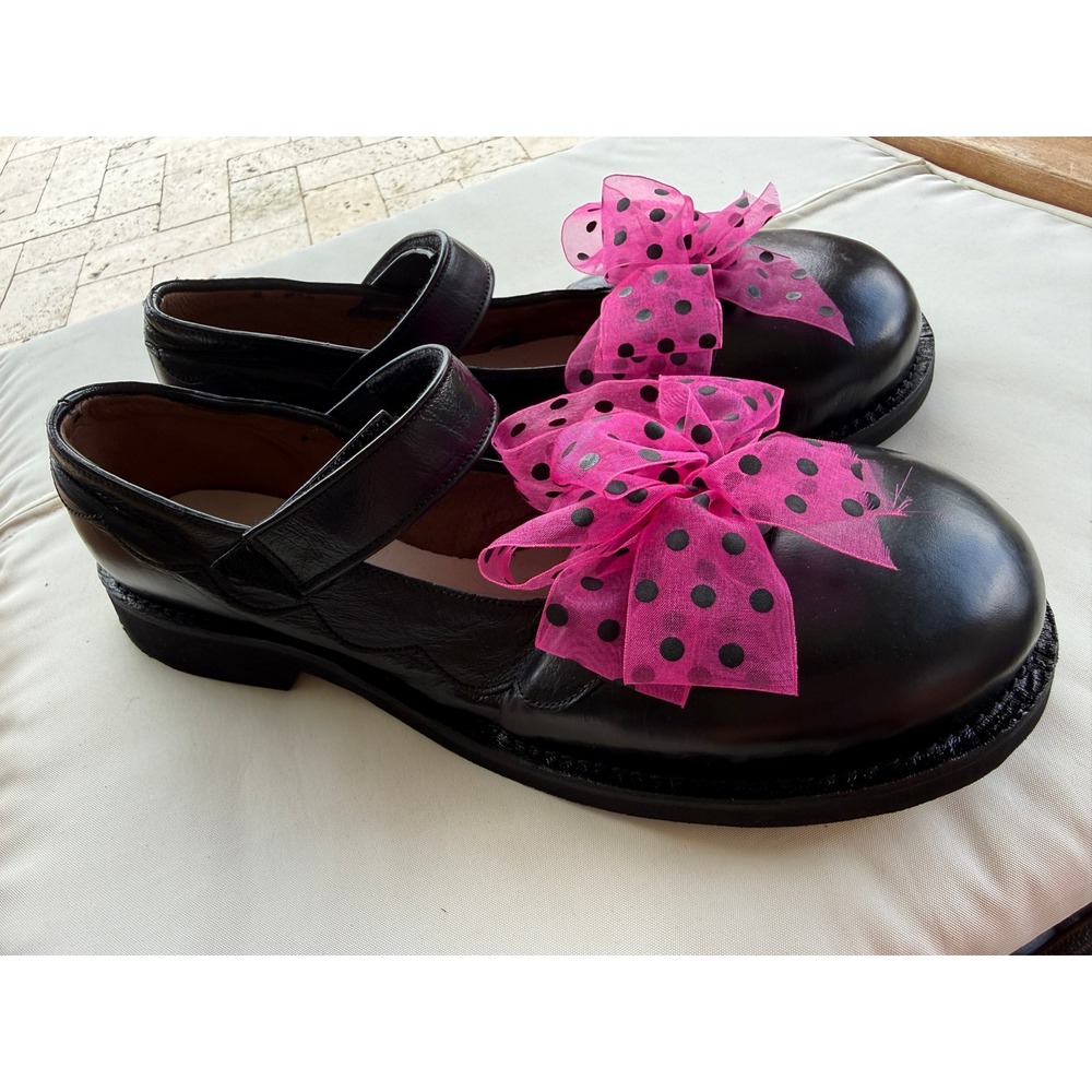Black Leather Mary‎ Jane Clown Shoes Pink Polka Dot Organza Bow